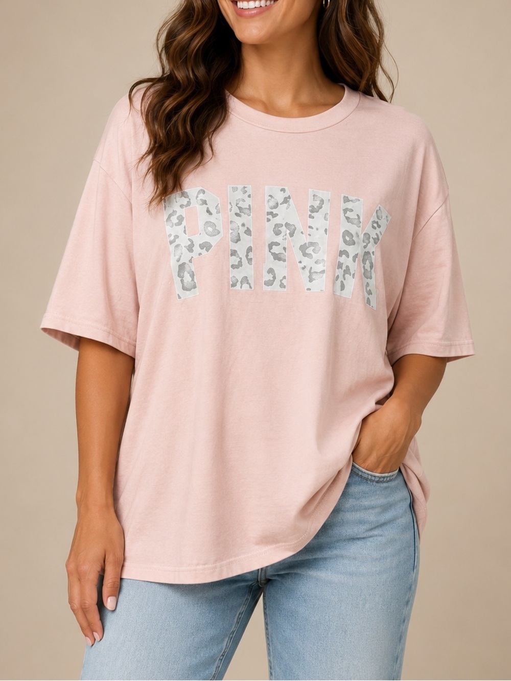 Pink Graphic 'PINK' Leopard Print Short Sleeve Tee XL